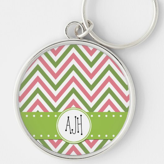 Zigzag Patroon, Chevron, Roze, Groen, Monogram Sleutelhanger (Voorkant)