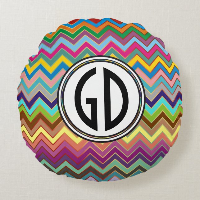 ZIGZAG patroon - gekleurd + uw monogram Rond Kussen (Voorkant)