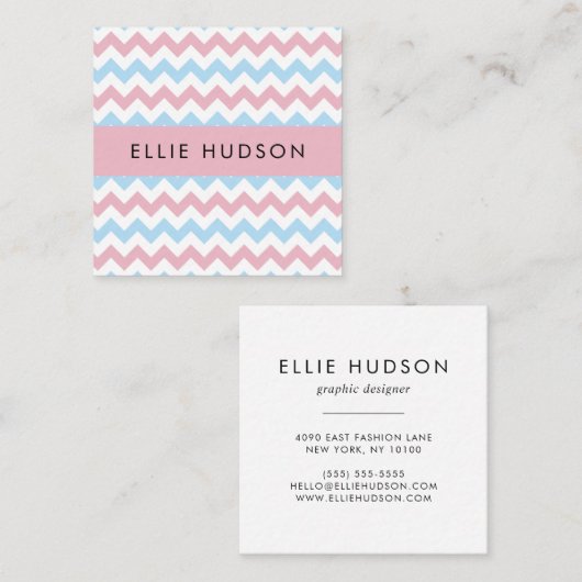 Zigzag Pattern, Chevron Pattern, Blue, Roze Vierkante Visitekaartje (Voorkant / Achterkant)