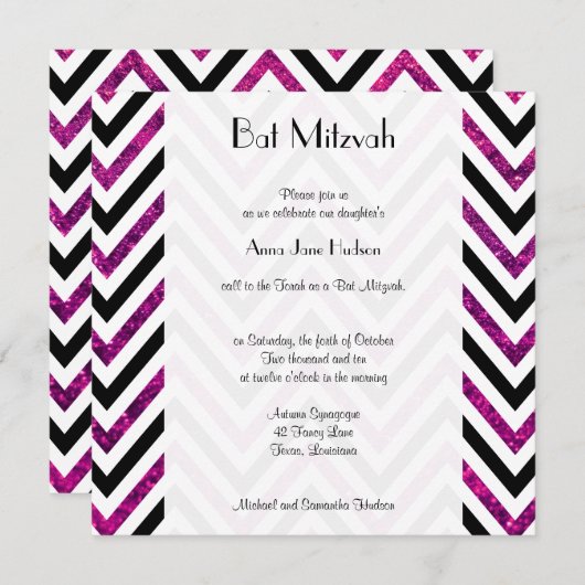 Zigzag Pattern, Chevron, Roze Glitter, Bat Mitzvah Kaart (Voorkant / Achterkant)