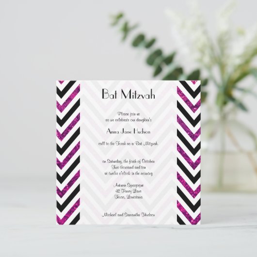 Zigzag Pattern, Chevron, Roze Glitter, Bat Mitzvah Kaart (Staand voorkant)