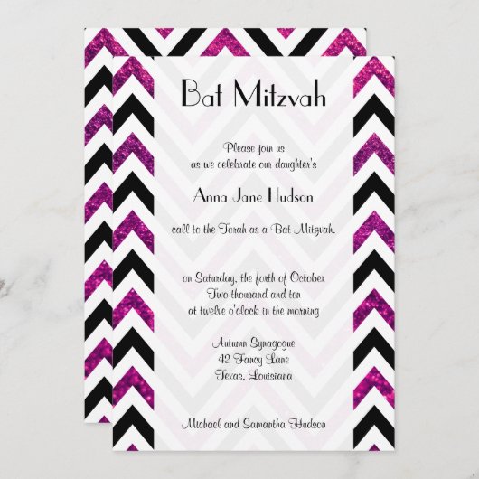 Zigzag Pattern, Chevron, Roze Glitter, Bat Mitzvah Kaart (Voorkant / Achterkant)