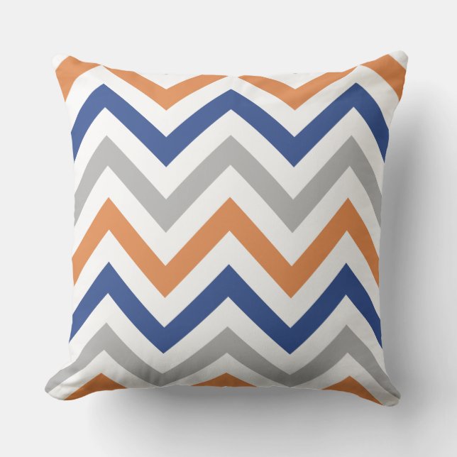 Zigzag Pattern Oranje Blue Grey & White Kussen (Voorkant)
