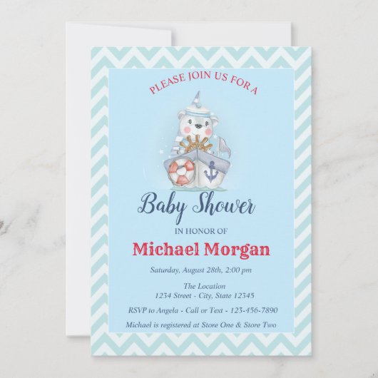 Zigzag, Sailor, Ahoy Het is een Baby shower. Kaart (Voorkant)