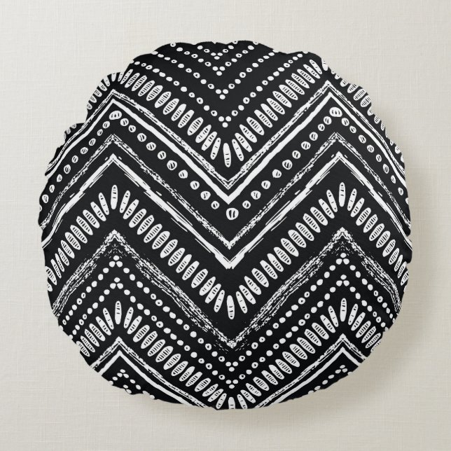 zigzag strepen: Hand getrokken etnische Rond Kussen (Voorkant)