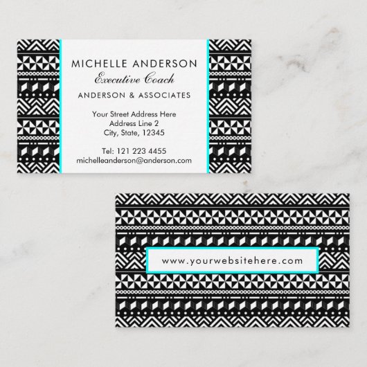 Zigzag Stripes, zwart wit en Aqua, Visitekaartje (Voorkant / Achterkant)