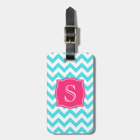 Zigzag Turquoise en roze aangepast monogram Bagagelabel (Voorkant verticaal)
