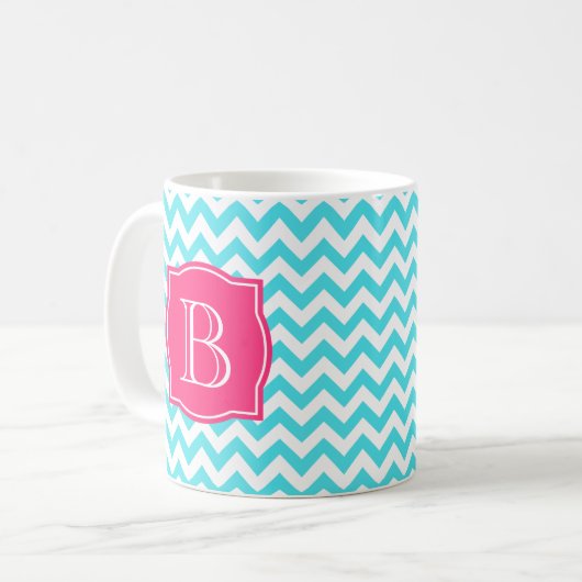 Zigzag Turquoise en roze aangepast monogram Koffiemok (Voorkant links)