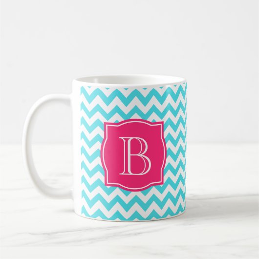 Zigzag Turquoise en roze aangepast monogram Koffiemok (Links)
