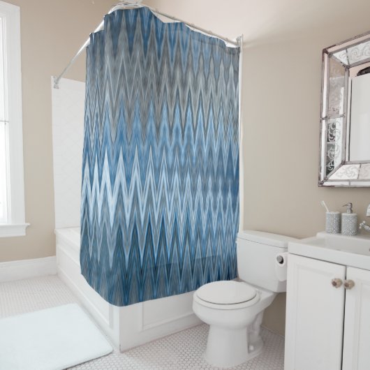 Zigzag Wavy Navy Blue Silver Gray Pattern Douchegordijn (In situ)