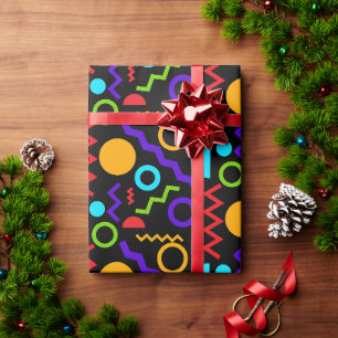 Zigzagcirkels patroon in neon op zwart cadeaupapier