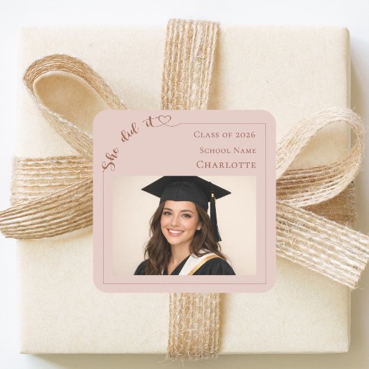 Zij deed het foto blos roze afstudeerfeest vierkante sticker