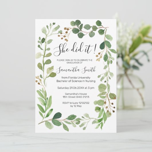 Zij deed het Groene Afstudeer Uitnodiging (Staand voorkant)