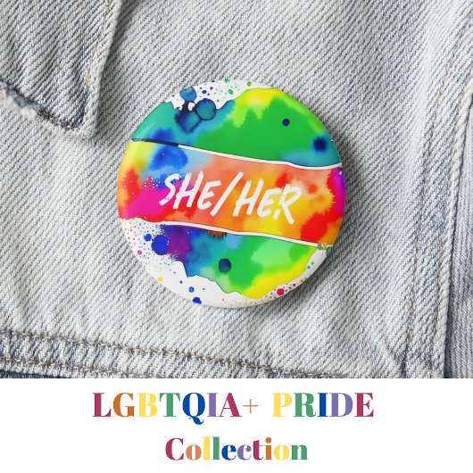 Zij/Haar voornaamwoorden Pride Waterverf Rainbow Ronde Button 5,7 Cm