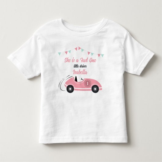 Zij is een Snel Feestelijk Roze Race Auto Verjaard Kinder Shirts (Voorkant)