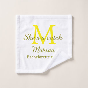 Zij is een vangst gele monogram vrijgezellenfeest  washandje