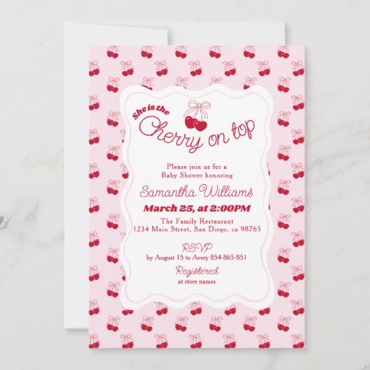 Zij is Kers op de Top Baby Meisje Shower Uitnodigi Kaart (Voorkant)