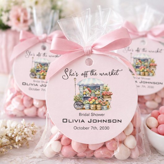 Zij is van de markt Roze bloemige bruidsdouche Bedankjes Labels