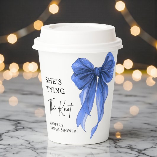 Zij Knoopt De Knoop Blauw Lint Bruidsfeest Papieren Bekers