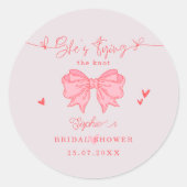 Zij Knoopt de Knoop Roze Boog Bruidsfeest Ronde Sticker (Voorkant)
