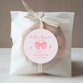 Zij Knoopt de Knoop Roze Boog Bruidsfeest Ronde Sticker