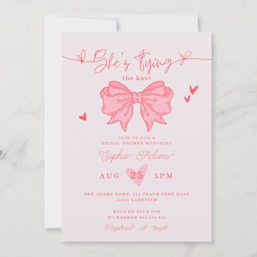 Zij Knoopt de Knoop Roze Strik Bruidsfeestje Kaart (Voorkant)