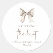 Zij Knoopt De Knoop Witte Boog Bruidsdouche Ronde Sticker (Voorkant)