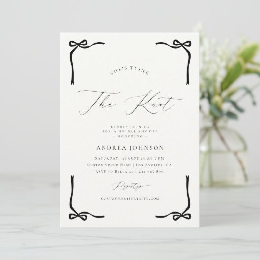 Zij Knoopt de Knoop Zwarte Boog Frame Bruidsdouche Kaart (Staand voorkant)