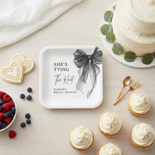 Zij Knoopt De Knoop Zwarte Strik Bruidsfeest Papieren Bordje