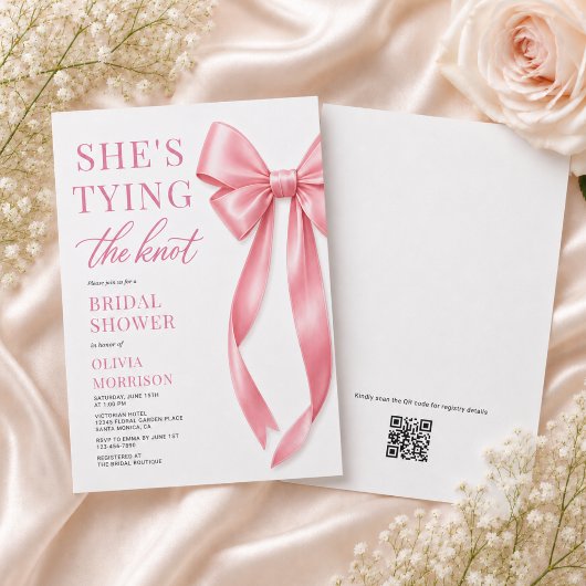 Zij Krijgt De Knoop QR Code Roze Bruidsfeest Kaart