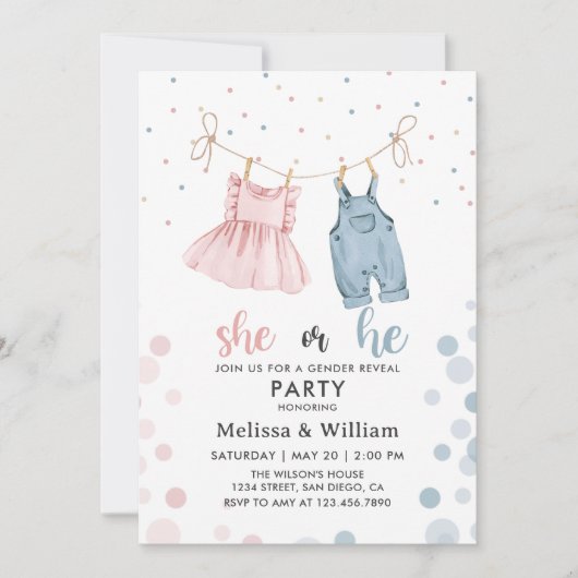 Zij of hij kleren Geslacht onthullen Baby shower Kaart (Voorkant)