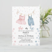 Zij of hij kleren Geslacht onthullen Baby shower Kaart (Staand voorkant)