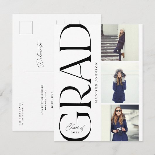 Zij Typografie Afstuderen 2022 3 Foto Feest Aankondigingskaart (Voorkant / Achterkant)