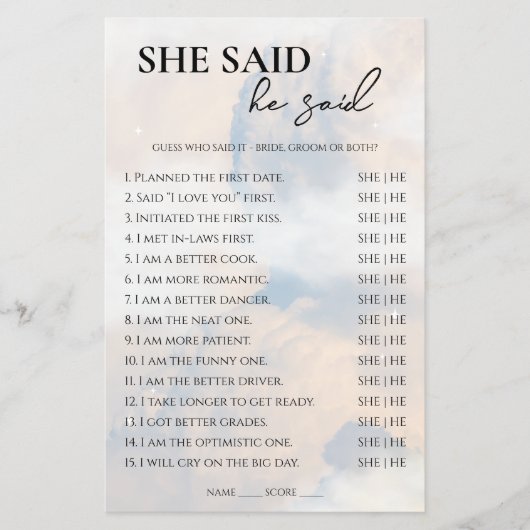 Zij zei Hij zei Bruids douche spel Wolk Nine Flyer (Voorkant)