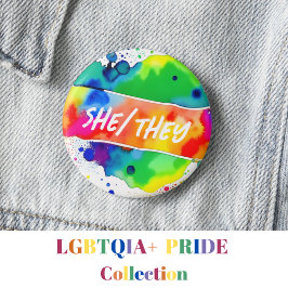 Zij/Zij spreken Pride Waterverf Rainbow uit Ronde Button 5,7 Cm