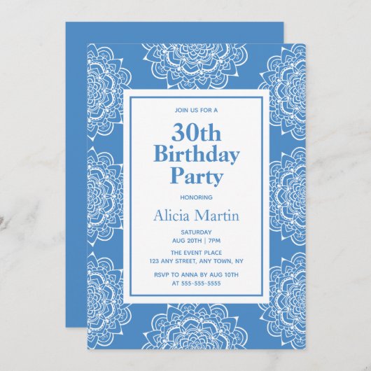 Zijde Blauw & Wit Mandala Bloem 30ste Verjaardag Kaart (Voorkant / Achterkant)