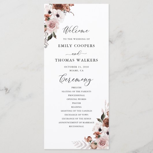 Zijde Bloemen Trouwprogramma Programmakaart (Voorkant)