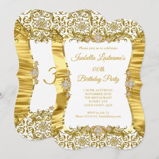 Zijde Damask Gold White Diamond Birthday Party Kaart (Voorkant / Achterkant)