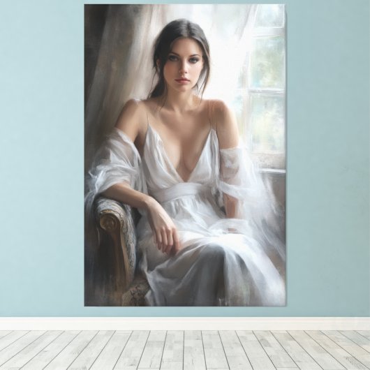 Zijde en licht: Vensterportret Canvas Afdruk (Insitu (Houten vloer))