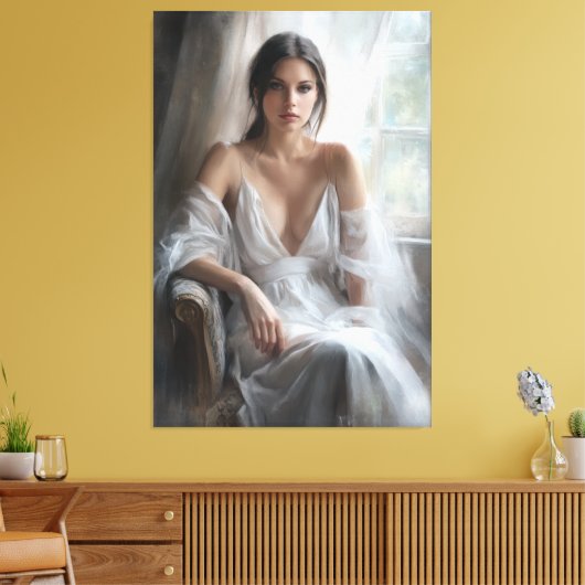 Zijde en licht: Vensterportret Canvas Afdruk (Insitu (Woonkamer))