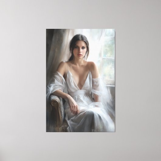 Zijde en licht: Vensterportret Canvas Afdruk (Voorkant)