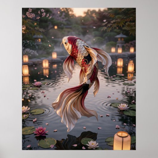 Zijde Koi Lantaarn Vijver Poster (Voorkant)