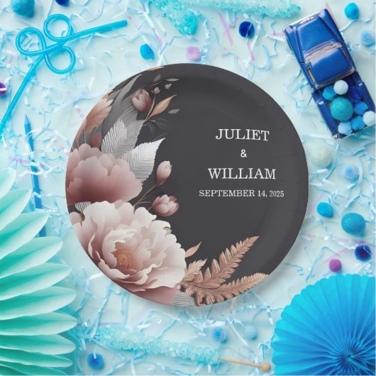 Zijde Roze Boho Peony Tuin Stoffig Roos Bruiloft Papieren Bordje (Feest)