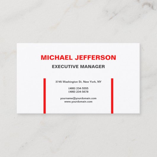 Zijde Trendy Moderne Elegant Simple Red White Visitekaartje (Voorkant)