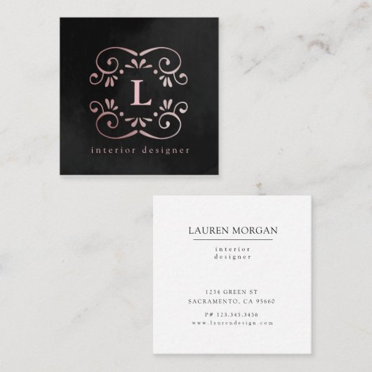 Zijde zwarte roos gouden faux folie bloeien monogr vierkante visitekaartje (Voorkant / Achterkant)