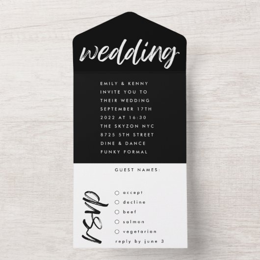 Zijdelingse golven zwarte moderne eenvoudige bruil all in one uitnodiging (Binnen)