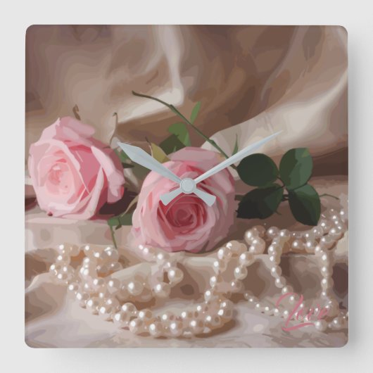 Zijden Roos Vierkante Klok (Voorkant)