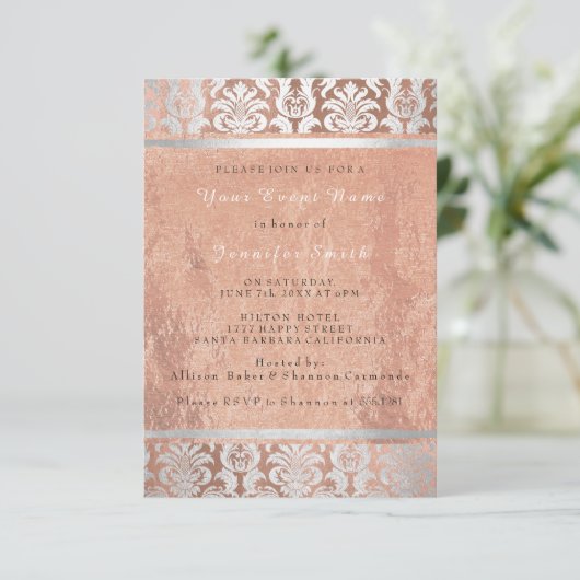 Zijden Roze Goud Koper Zilveren Damast Bruids 16e Kaart (Staand voorkant)