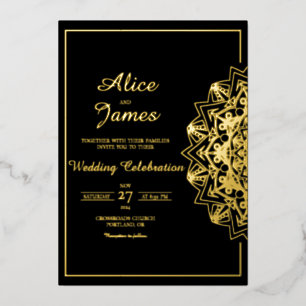 Zijframe Mandala Elegant Zwart Goud Folie Bruiloft Uitnodiging
