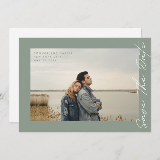 Zijmanieren Sage Groen Wit QR Code Foto Save The Date (Voorkant / Achterkant)